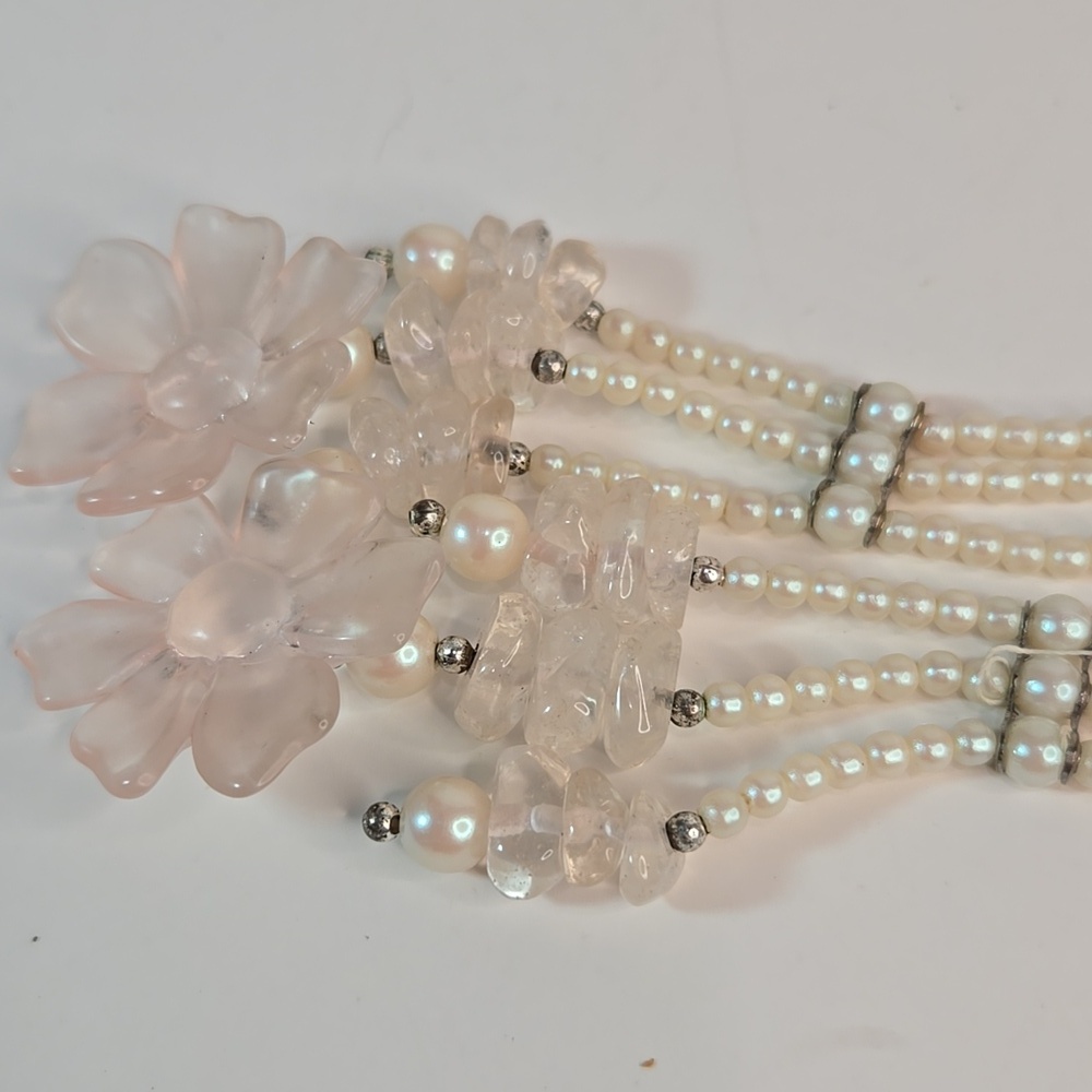 Classic Rose Quartz Stones Pearl Lariat Floral Necklace Earrings Triple Strand - Picture 12 of 15